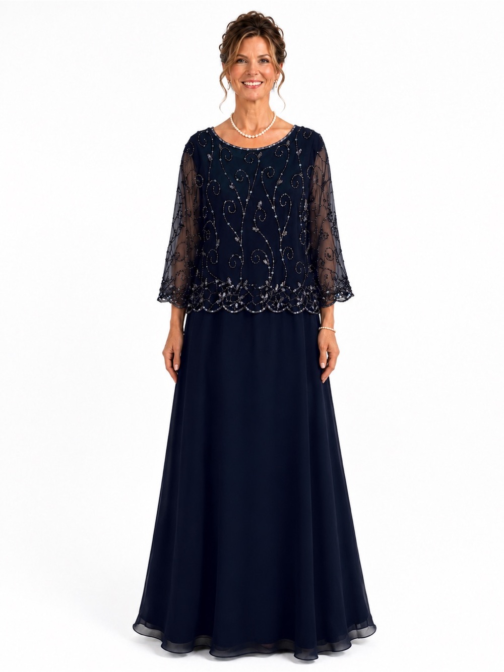 J Kara Navy Beaded A-Line Evening Gown with Sheer Overlay